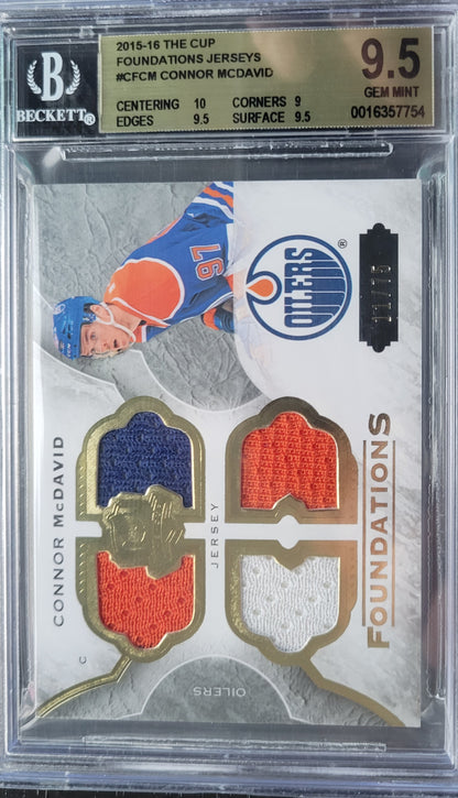 11/75!! ROOKIE QUAD PATCH 2015 2016 CONNOR MCDAVID CF-CM THE CUP FOUNDATIONS LOW POP 2 9.5 GEM MINT!