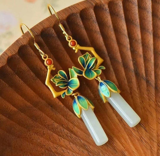 Exquisite Women Natural Hotan Jade Enamel Flower Earrings Chinese Style Classical Cheongsam Hanfu Set Best Quality GUARANTEED