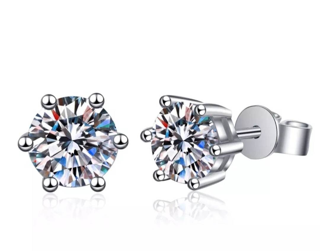 Classic 6 Prong Men Women Certified Moissanite Brilliant Round Cut VVS1 D (Colorless) Moissanite Stud Earrings White Gold GRA Certified Set