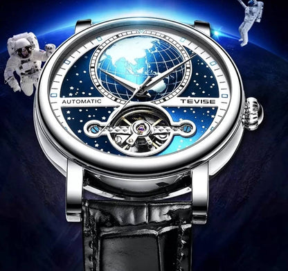 Automatic Luxurious Men's Skeleton Watch Tourbillon Genuine Cowhide Leather Spaceman Multi Function Gift Box Included A++