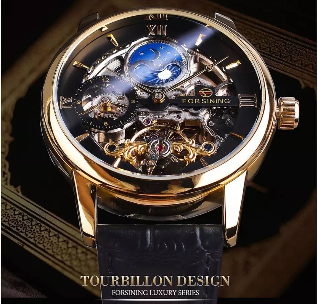 Automatic Men Watch Sun Moon Phase Black Gold Dial Carved Skeleton Tourbillon Design Gold Black Dial Gift Box Included A+++