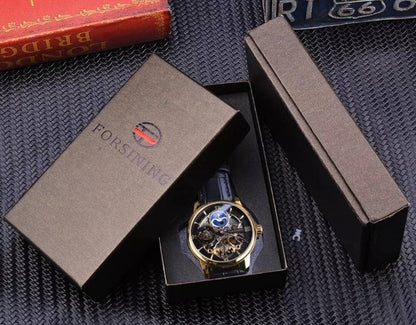 Automatic Men Watch Sun Moon Phase Black Gold Dial Carved Skeleton Tourbillon Design Gold Black Dial Gift Box Included A+++