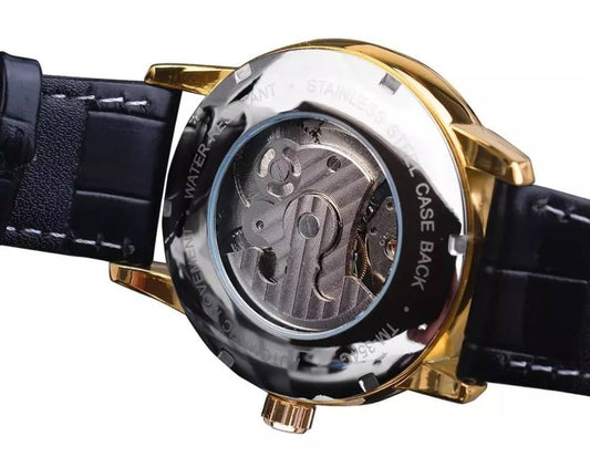 Automatic Men’s Skeleton Watch | Sun & Moon Phase | Gold Black Dial | Tourbillon Style | Gift Box Included