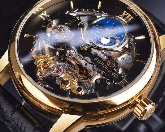 Automatic Men Watch Sun Moon Phase Black Gold Dial Carved Skeleton Tourbillon Design Gold Black Dial Gift Box Included A+++