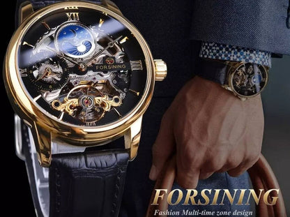 Automatic Men Watch Sun Moon Phase Black Gold Dial Carved Skeleton Tourbillon Design Gold Black Dial Gift Box Included A+++