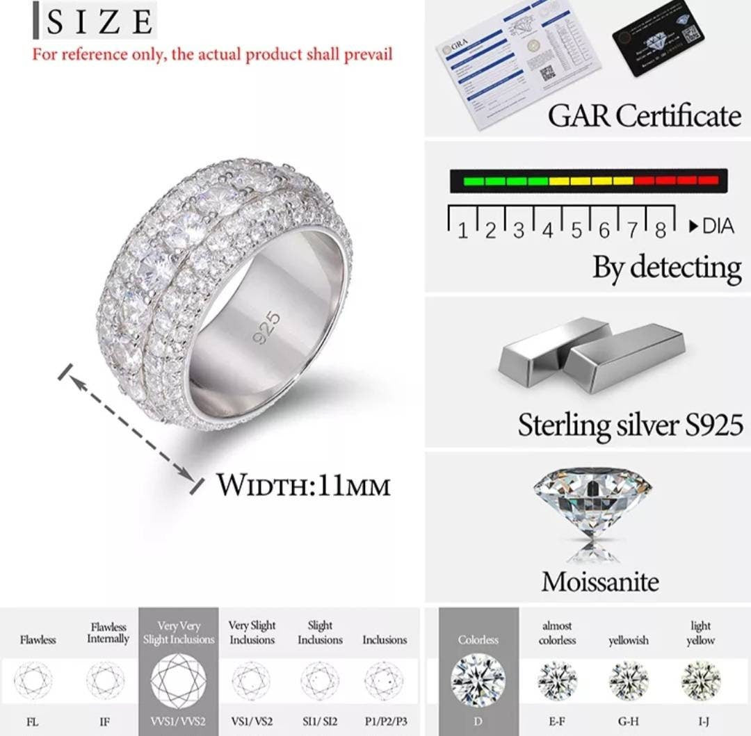 All Size Carat Triple Row Large Certified Moissanite Princess Cut VVS1 D Clarity Diamond Ring White Or Yellow Gold (Passes Diamond Test)