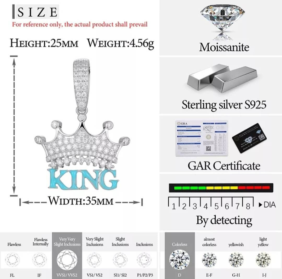 Custom King Crown Glowing Pendant/Two-Toned/25MM X 35MM Real Moissanite Diamond/925 Sterling Silver Stamp Best Quality GUARANTEED!!