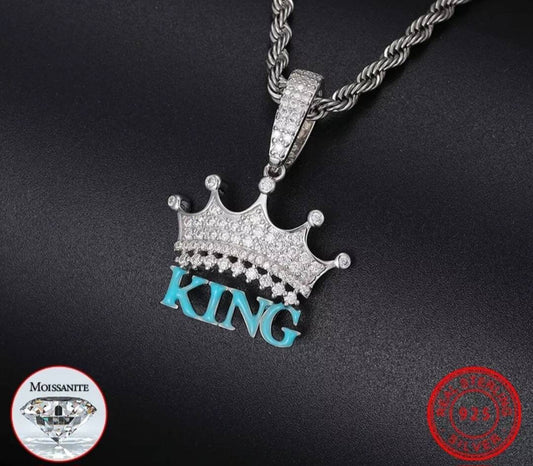 Custom King Crown Glowing Pendant/Two-Toned/25MM X 35MM Real Moissanite Diamond/925 Sterling Silver Stamp Best Quality GUARANTEED!!