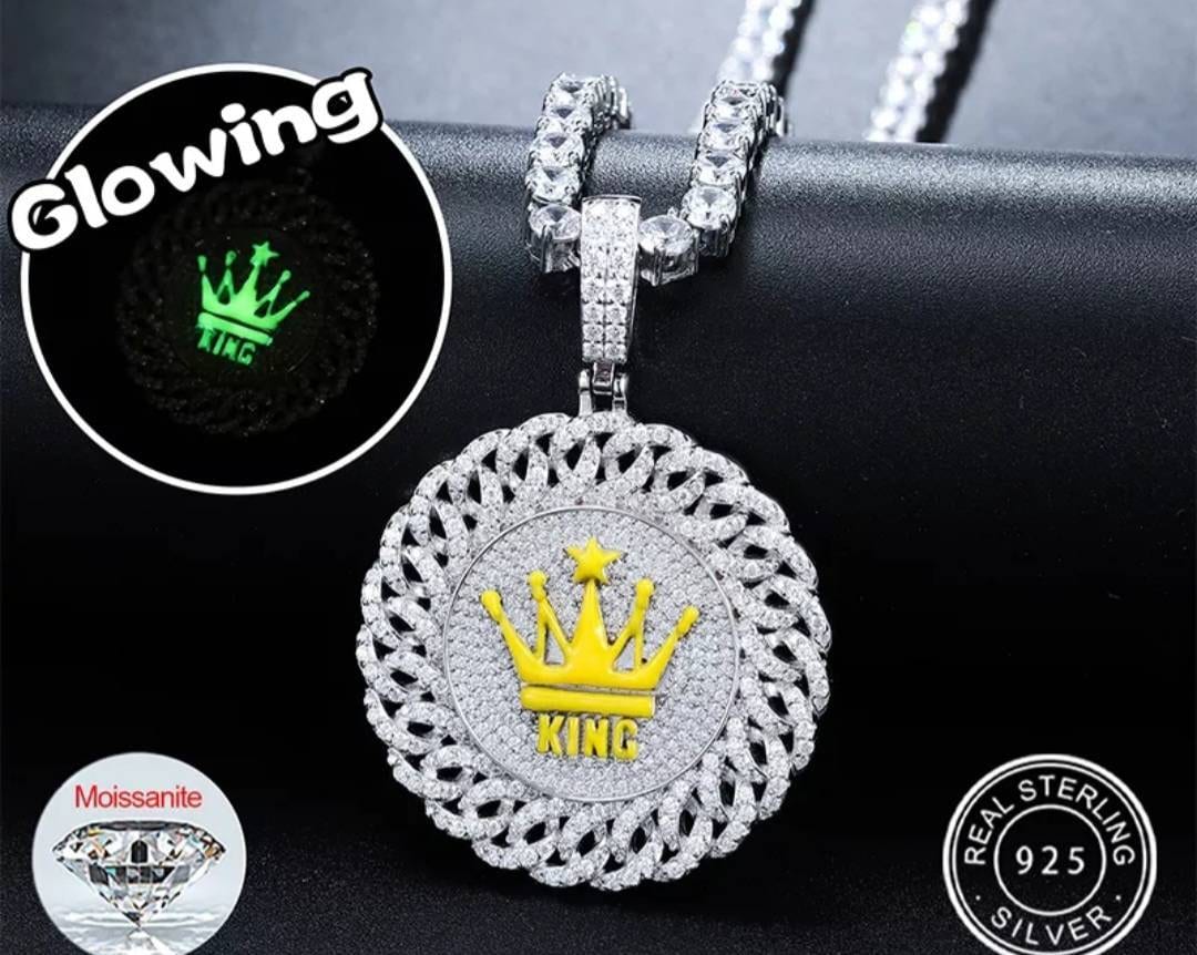 Glowing Custom King Crown Pendant/Video/50MM X 36MM Real Moissanite Diamond/925 Sterling Silver Stamp Best Quality GUARANTEED!