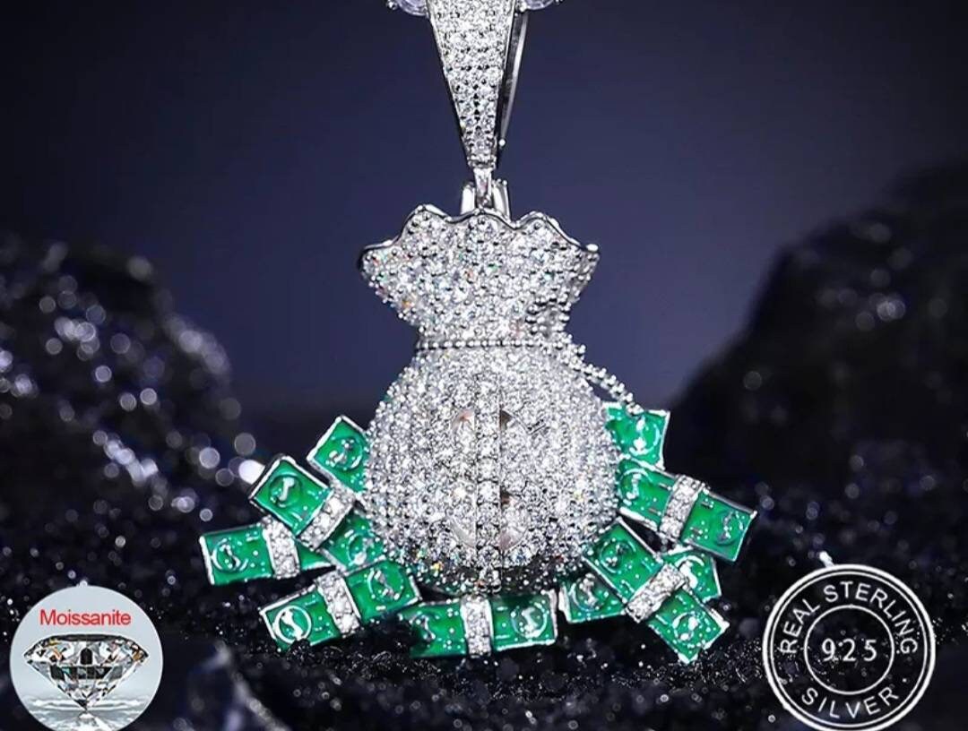 Custom Bust Down Money Bag Pendant/Two-Toned Glowing/55MM X 42MM Real Moissanite Diamond/925 Sterling Silver Stamp Best Quality GUARANTEED!!