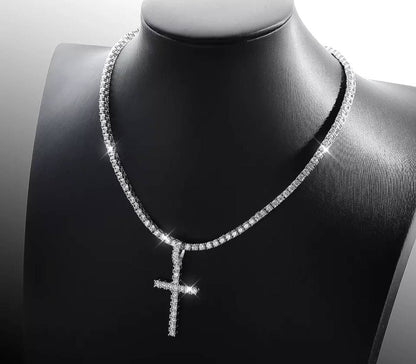 3 - 4 MM Certified Full Moissanite Diamond Brilliant Round Cut VVS1 D Tennis Necklace With Crucifix White S925 GRA Certified Jewlery