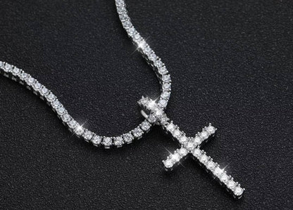 3 - 4 MM Certified Full Moissanite Diamond Brilliant Round Cut VVS1 D Tennis Necklace With Crucifix White S925 GRA Certified Jewlery