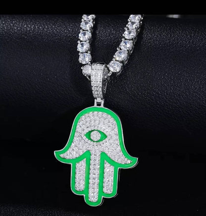 Glowing Hamsa Hand Pendant 50MM X 30MM Real Moissanite Stones Set On 925 Sterling Silver Best Quality Best Price For GRA Certified Gemstones