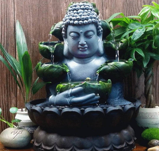 BUDDHA Feng Shui Stone Water Fountain Ambience At Home Solid Resin Statement Piece / Meditation / Calming / Add Plants / Bamboo / Fish